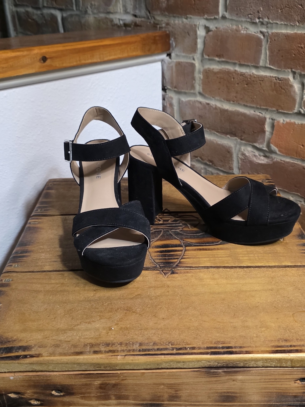 Sun + Stone Dehmii Black Faux Suede Platform Chunky Block Heel Sandals Size 8M